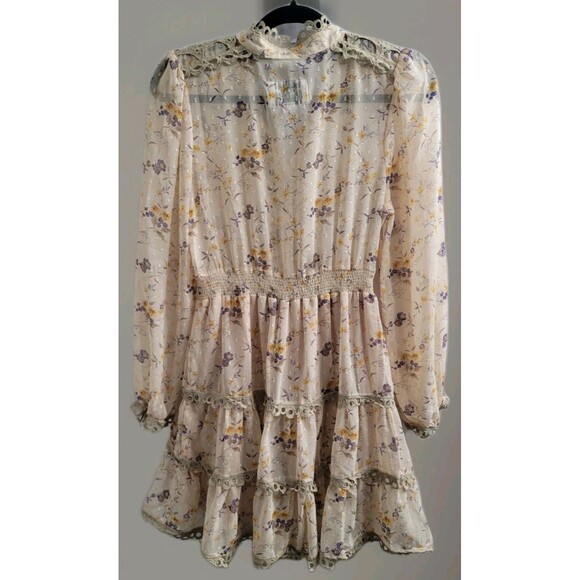 THE SHIRT ROCHELLE BEHRENS XS Sheer Beige Blue Floral Ruffle Trim Mini Dress - Picture 11 of 11